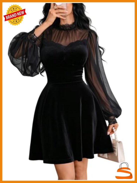 Dresses & Skirts - Women's Velvet Mini Dress High Neck Puff Sleeve Mesh Party